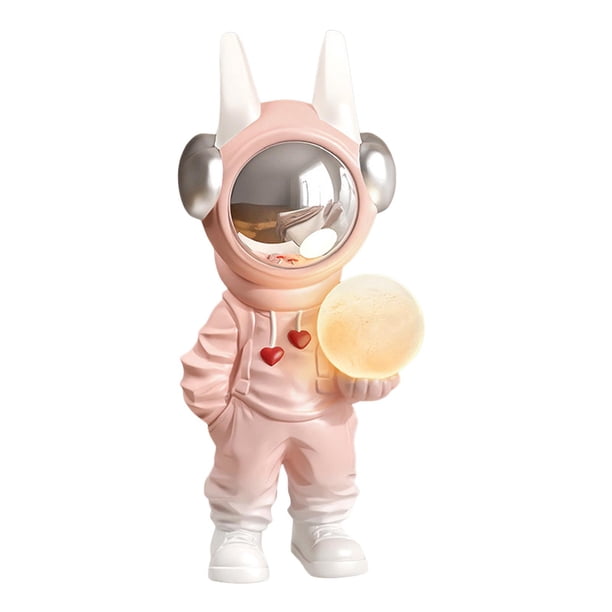 Escultura de figura de astronauta sosteniendo una lámpara, adorno de piso para dormitorio. Rosado