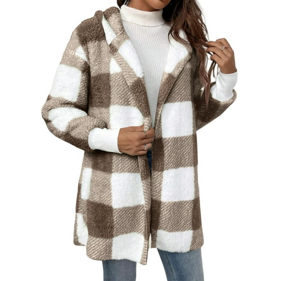 Kixjoy Khaki Fleece Jacket Women Fashion Long Sleeve Fleece Plaid Shirts Thermal Baggy Winter Coat Fuzzy Casual Lightweight Cardigans for Women 2025, Khaki L