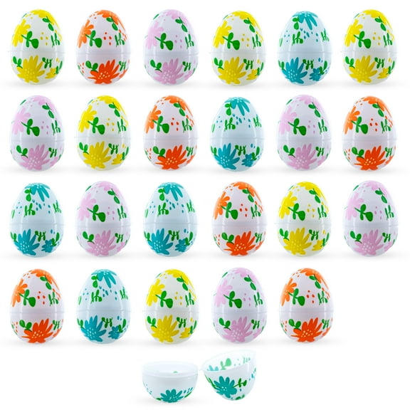 Set of 24 Flowers on White Plastic Easter Eggs, 2.25 Inches Each
