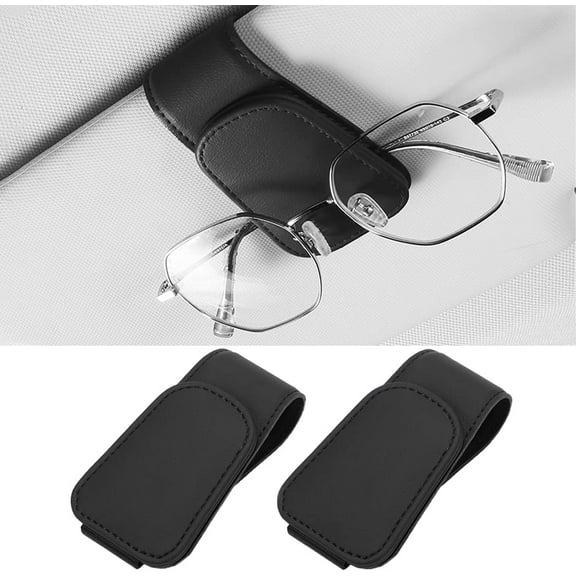 2 Packs Sunglass Holder for Car Sun Visor, Magnetic Eyeglass Hanger Clip for Car Visor, Leather Car Glasses Mount, Car Interior Visor Accessories (Black-2Pcs)