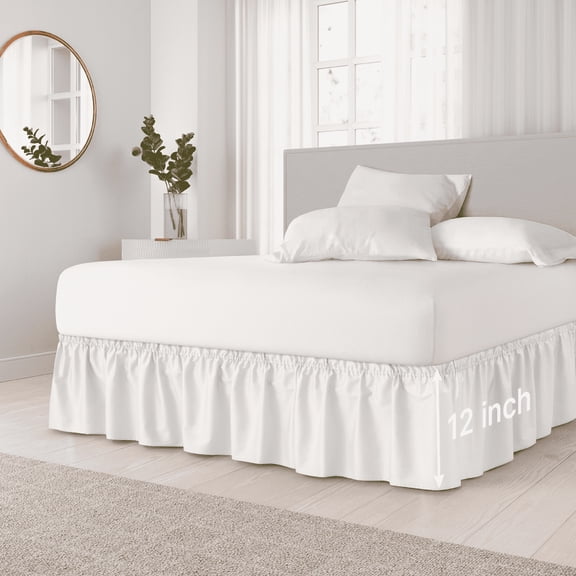 ARLAJO Wrap Around Dust Ruffle Bed Skirt - for Full Size Bed with 12 " Drop, Easy Fit Elastic Strap - Pleated Bedskirt, White Home Decor Bedroom Furniture Cover