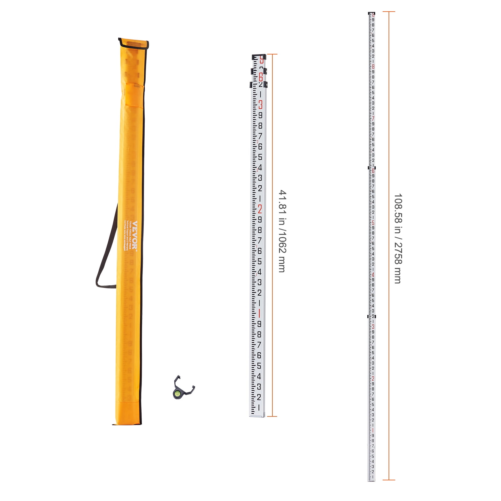 VEVOR Aluminum Grade Rod,9-Feet/10ths 3 Sections Telescopic Measuring Rod,Double-Sided Scale 1/10ft Leveling Rod Stick,Aluminum Alloy Survey Rod with Bubble Level&Carrying Bag for Houses,Walls,Floors