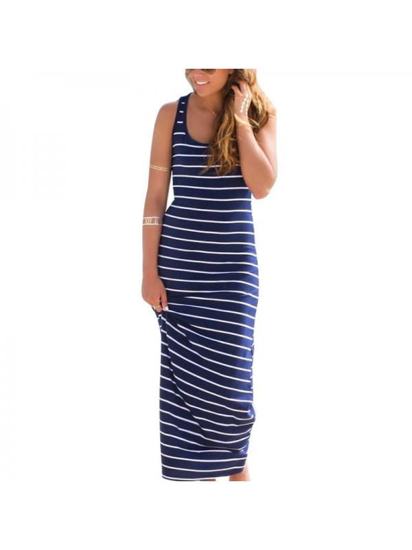 Women Maxi Dress Sleeveless Loose Summer Beach Party Fashion Strip Long Dresses