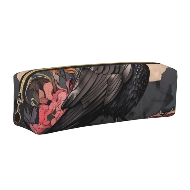 Easygdp Moonlit Crow Blossoms para Estuche de Lápices de Cuero, Estuche de Papelería de Cuero, Estuche de Gran Capacidad con Cremallera