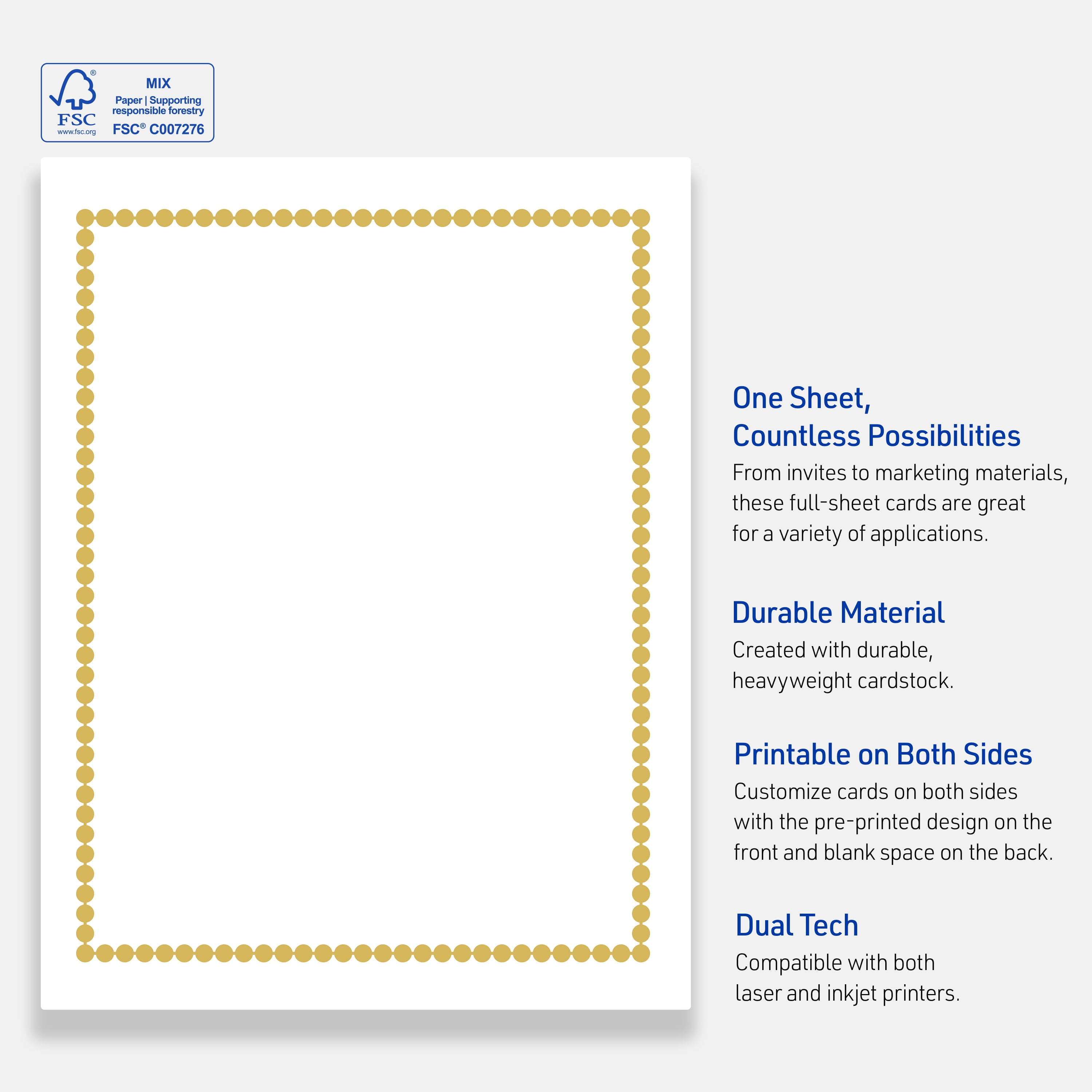 Avery Cardstock, 8.5" x 11", Matte White, Gold Beads