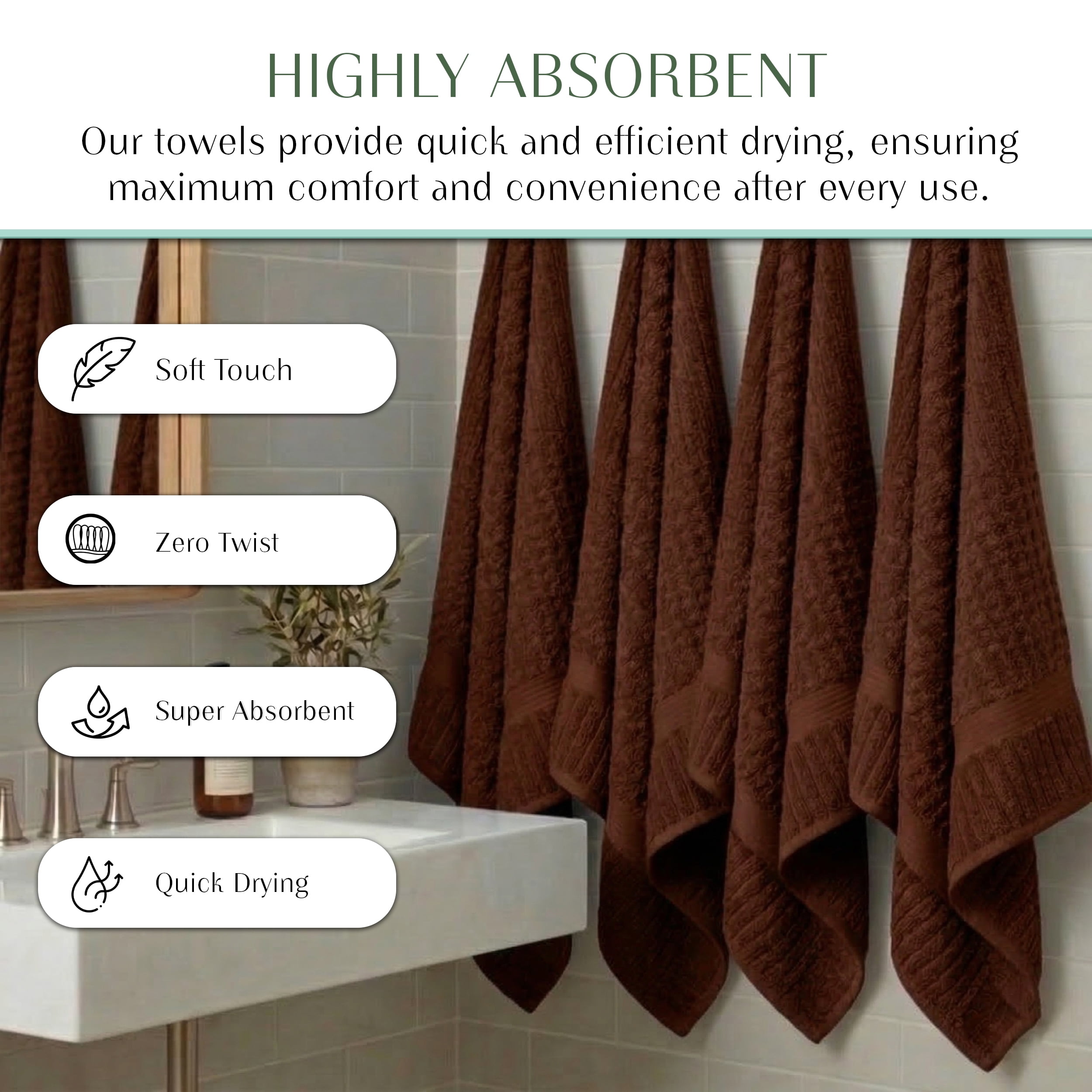 Home Weavers Willow Collection Hand Towels Set of 8 | 100% Cotton Zero Twist | 630 GSM Thick Plush | Soft, Highly Absorbent & Quick Dry | Hotel Quality Luxury Hand Towels | 16x24 Inch | Chocolate