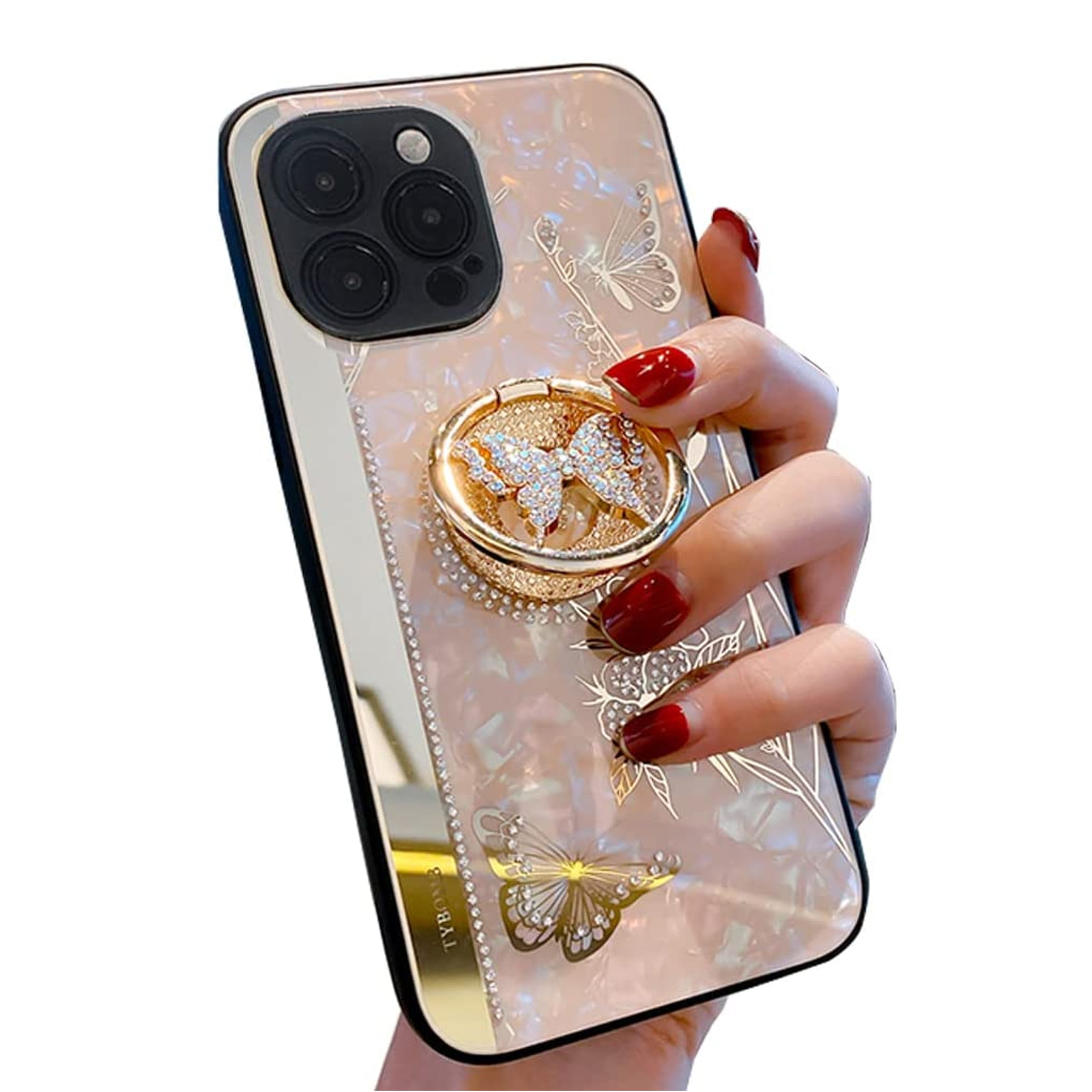 Xpression Mobile for Apple iPhone 14 Pro Max (6.7 inch) Fashion Square Hearts Design Diamonds Bling Sparkly Glitter with Ring Stand Kickstand Cover ,Xpm Phone Case [