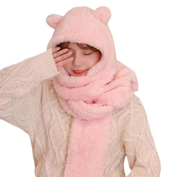 UDIYO Women Hat Solid Color Bear Ear Autumn Winter Coldproof No Brim Cap Scarf Gloves for Outdoor