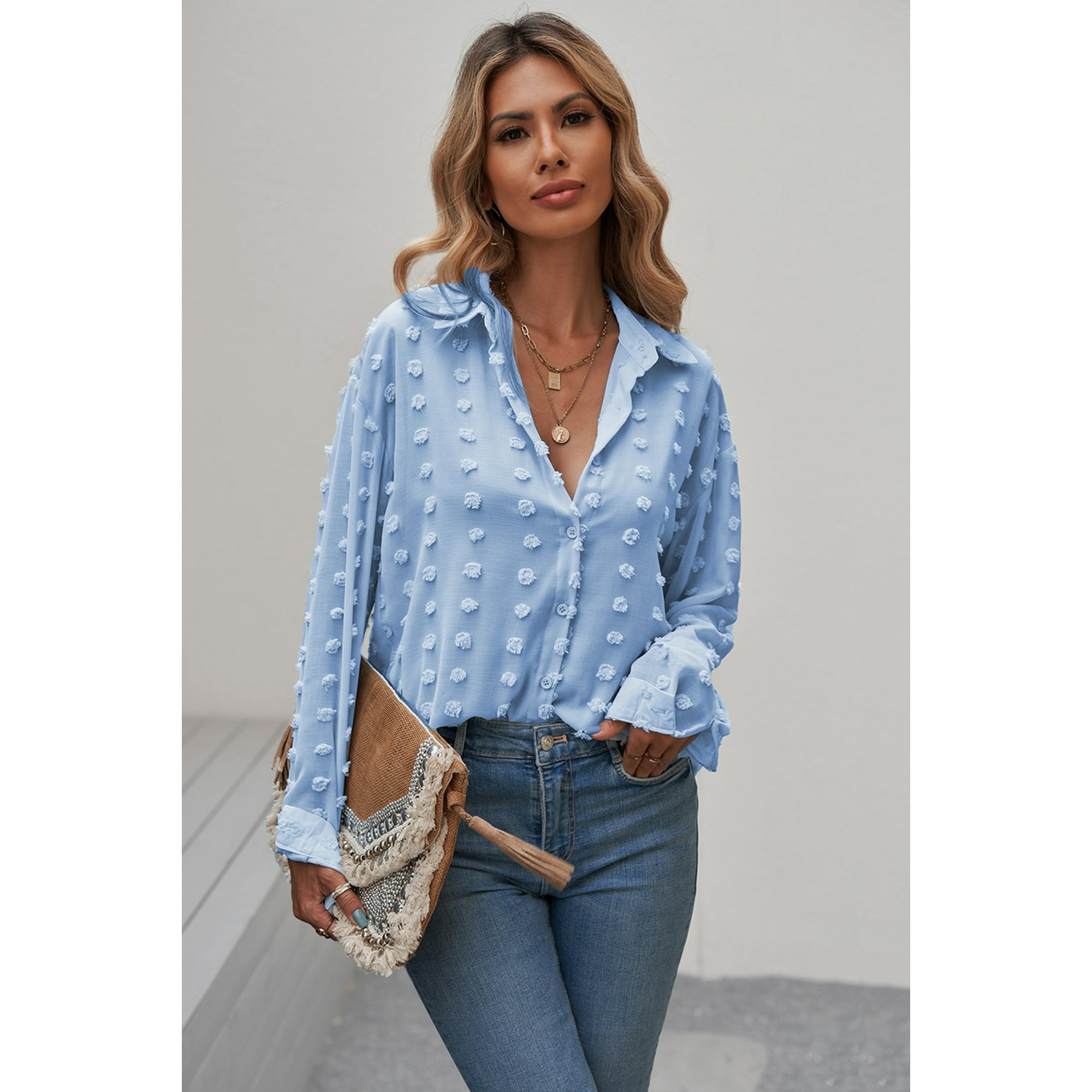 Women s Sky Blue Long Sleeve Button Fuzzy Polka Dot Shirt