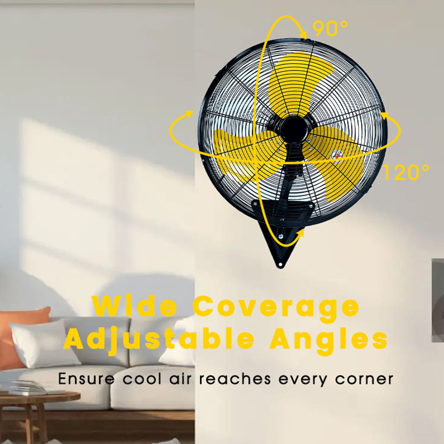 20in Wall Mount Fan, 3-Speed Industrial Wall Fan up to 7000CFM, 120°Oscillating High Airflow Cooling Fan for Garage,Home,Warehouse, Indoor/Outdoor Use, Yellow