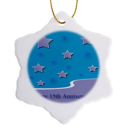 3drose Happy 15th Anniversary Lavender Stars on Aqua Employee Anniversary 3 inch Snowflake Porcelain Ornament
