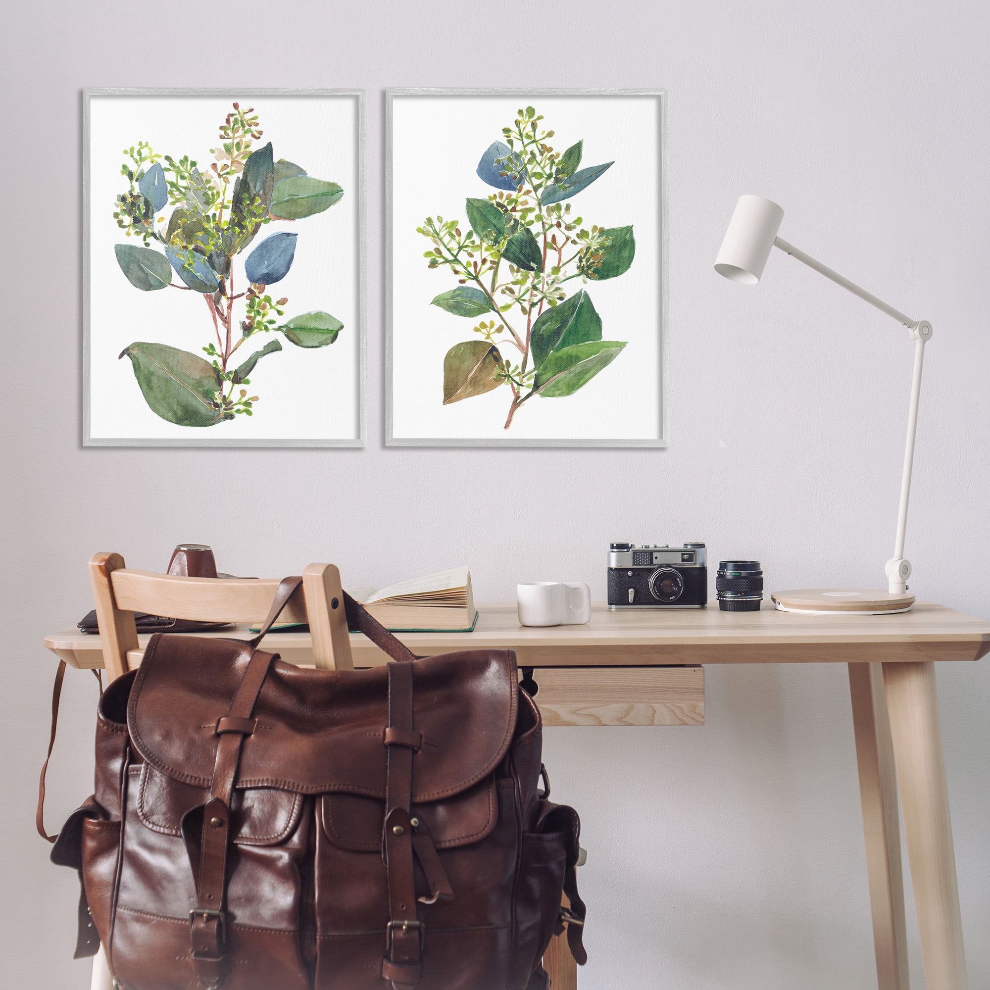 Stupell Industries Soft Eucalyptus Plant Ombre Leaves Botanical & Floral Painting Gray Framed Art Print Wall Art, 24 x 30, Set of 2