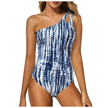 JDEFEG Womens Swimsuits 1 Piece Halter Push up Bikini Beachwear Women One Shoulder 1 Piece Swimsuit for Women Bathing Suits Full Coverage Keyhole Swimwear Navy Size L