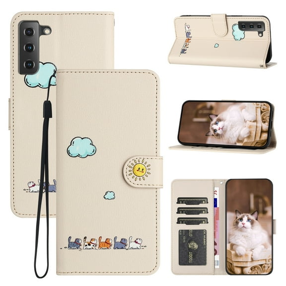 for Samsung Galaxy S22 Plus Lovely Cartoon Pattern Wallet Flip PU Leather Case, with Wrist Strap / Credit Card Slots / Photo Slot / Cash Pocket Kickstand Cute Phone Cover for Galaxy S22 Plus, Beige