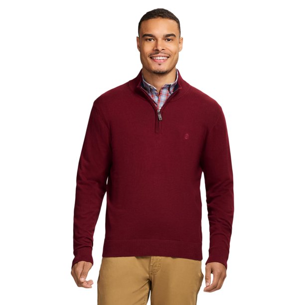 Suéter IZOD Essentials Premium para Hombre con Cuello Cuarto de Cierre en Granate XL