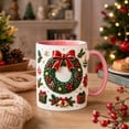 thumbnail image 4 of Novryn Christmas Coffee Mug, 2D Ceramic Cup With Raised Wreath Design for Coffee and Milk, 10 oz, Pink, 4 of 7