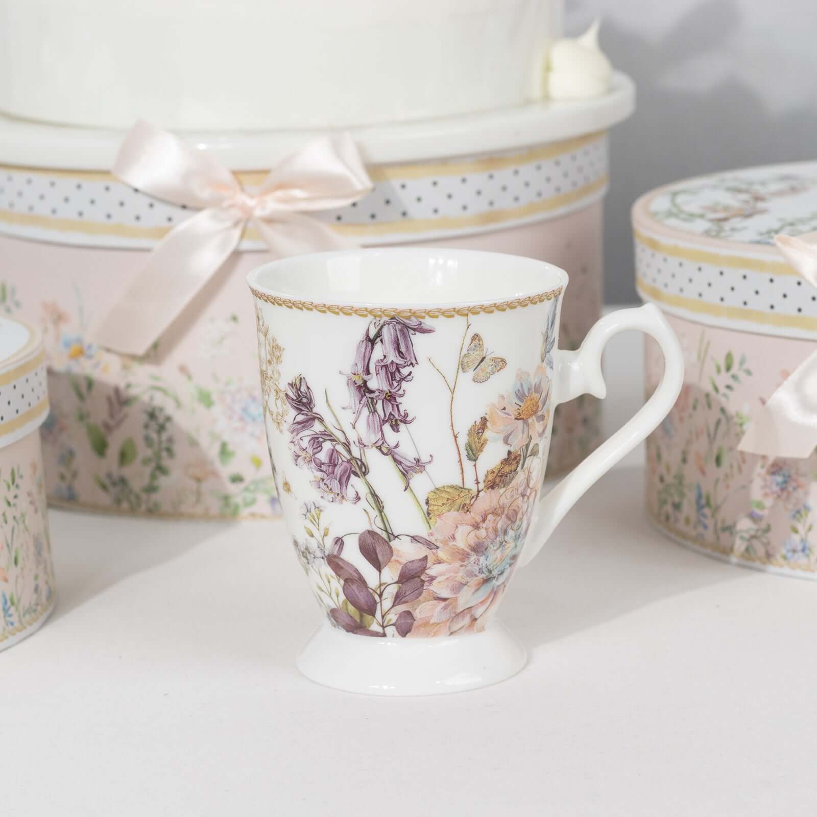 Efavormart 2 Pack Blush Floral Design Porcelain Coffee Mugs With Gift Box and Satin Ribbon Handle, Bridal Shower Gift Set