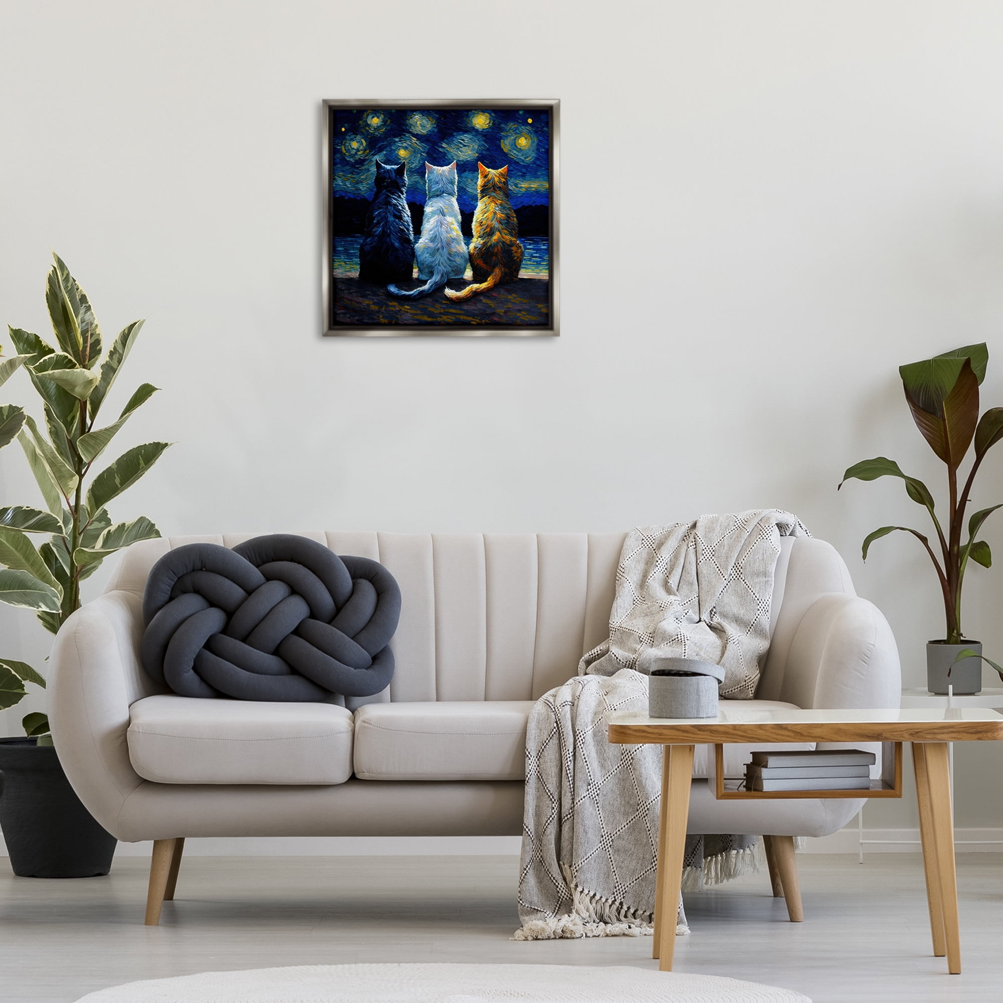 Stupell Industries Van Gogh Style Cats Animals Painting Gray Floater Framed Canvas Art Print Wall Art, 25 x 25