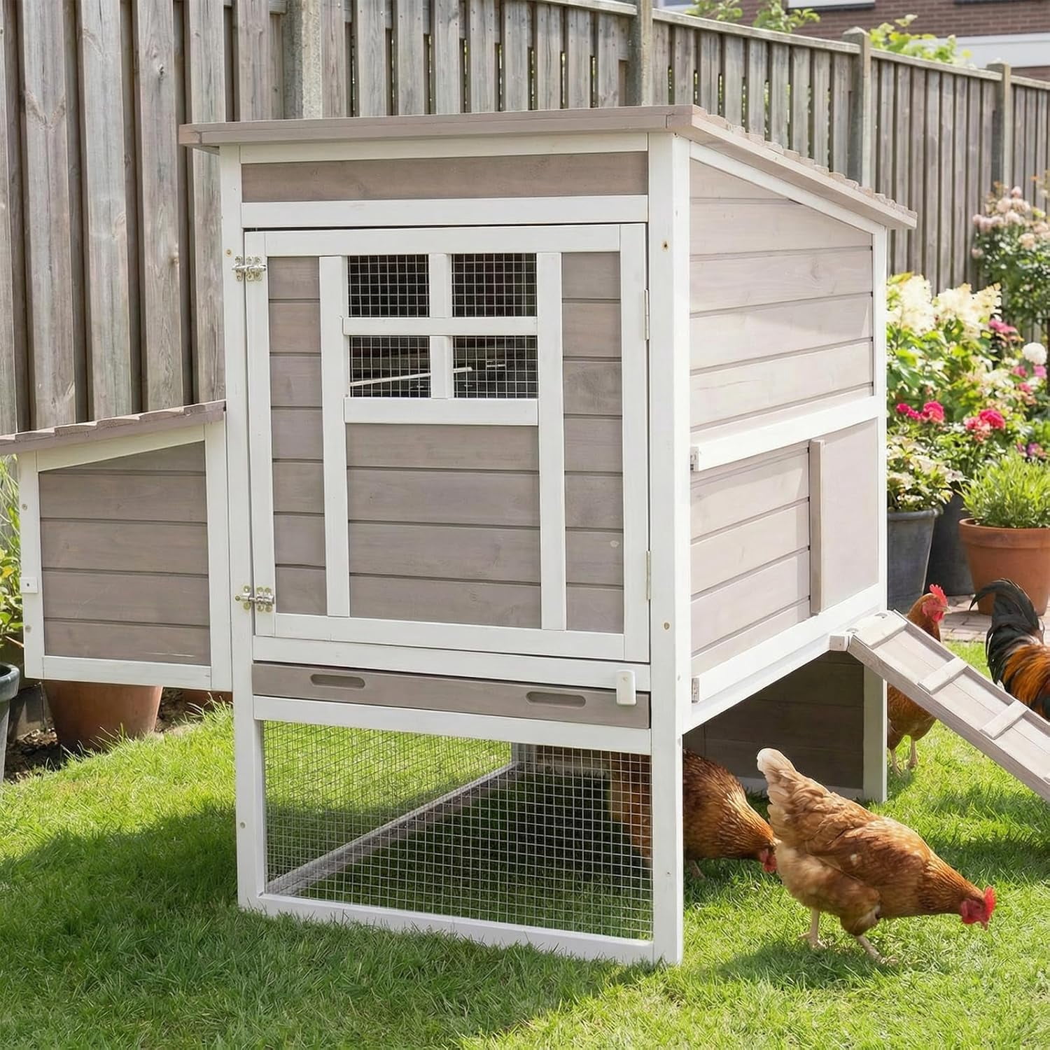 PETSCOSSET Wooden Chicken Coop, Elevated Hen House with 3-Compartment Nesting Box