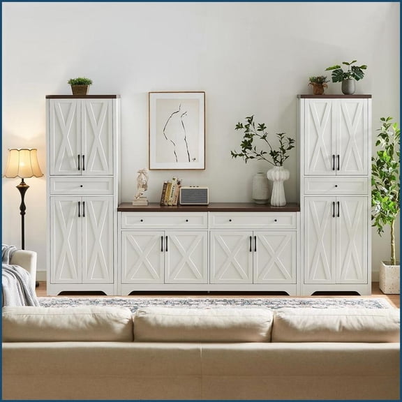 TV Furniture Set, 108.7''L Modern TV Cabinet   2 Sideboards | White Walnut | TV Size Ranges 60-69 inches