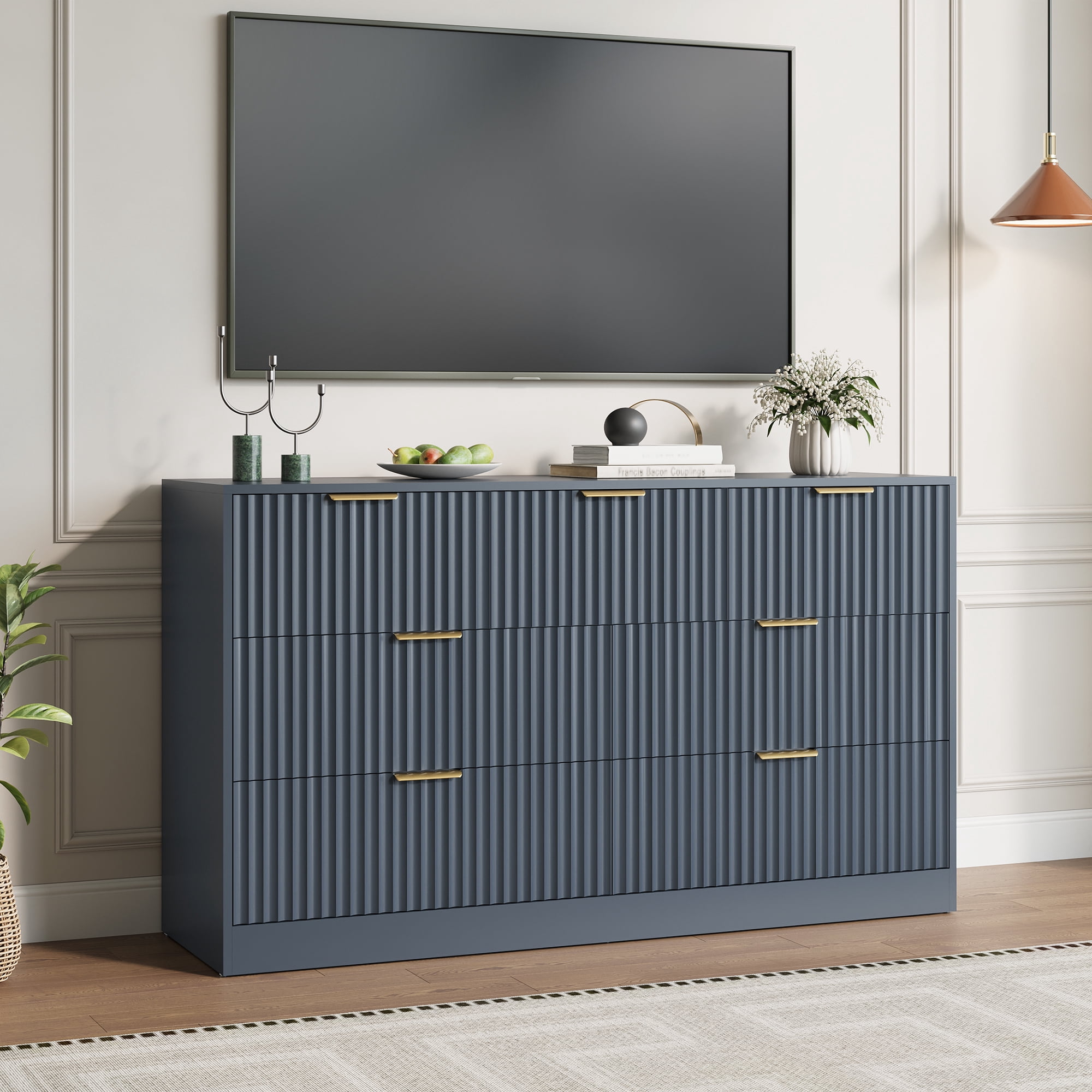 YouTrend 55.1"W Fluted Dressers for Bedroom with 7 Drawers,Modern Chest of Drawer TV Stand for Adults,Wood Clothes Storage for Living Room,Blue