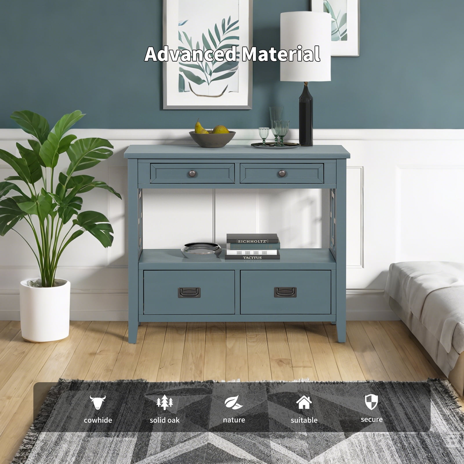 36'' Farmhouse Console Table,Pine Wood Entryway Table with 4 Drawers & 1 Storage Shelf for Entryway Living Room Hallway Kitchen (Blue Green)