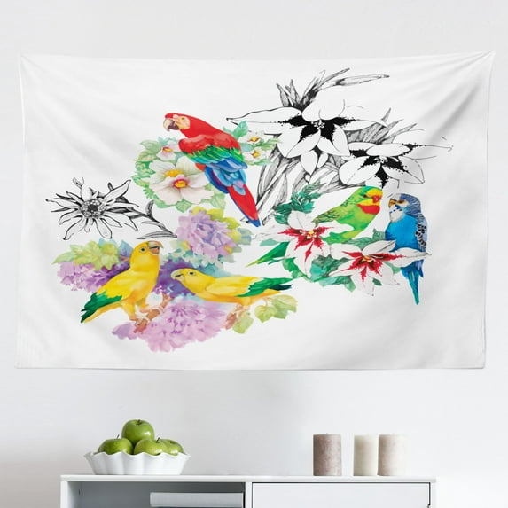 Parrot Tapestry, Forest Animal and Native Dreamcatchers Folk Art Exotic Design, Fabric Wall Hanging Decor for Bedroom Living Room Dorm, 2 Sizes, Multicolor, by Ambesonne