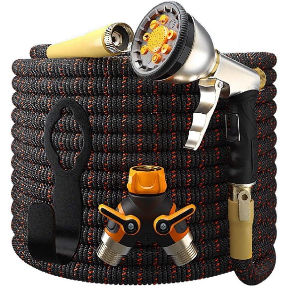 Expandable Garden Hose Kit 50-100 Ft - Superior Strength 3750D - 4-Layers Latex, Extra-Strong Brass Connector- 10-Way Durable Zinc Water Spray Nozzle 2 Way Pocket Flexible Splitter (50FT Set)