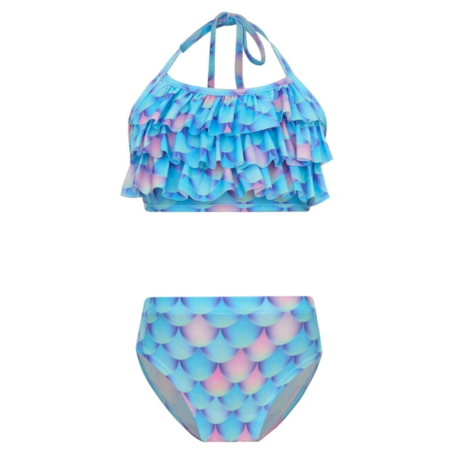 TiaoBug Girls 2 Pcs Mermaid Bikini Sets Shiny Halter Ruffles Crop Top with Triangle Brief Bathing Suit Tankini Blue 150