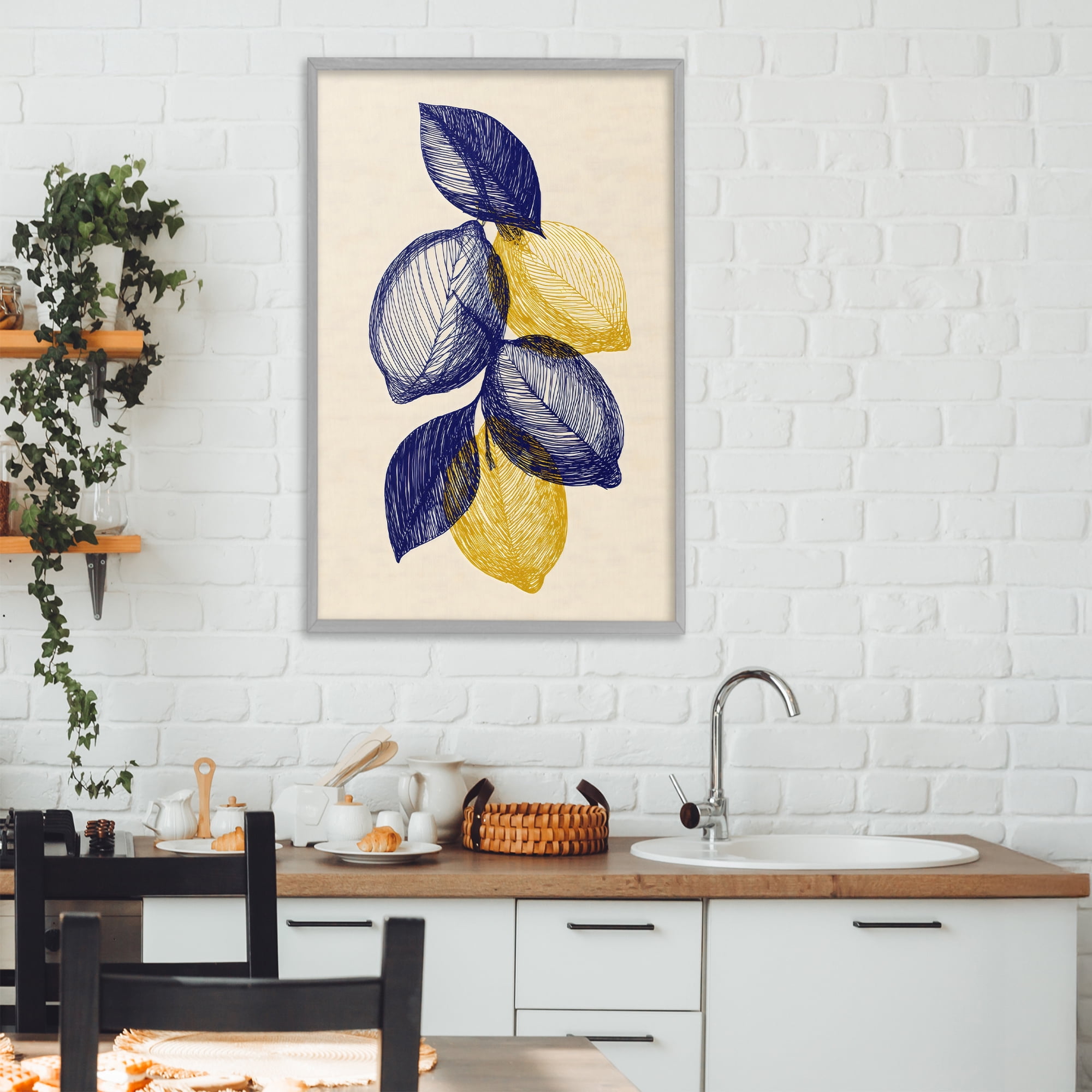 Stupell Industries Navy Lemons Botanical Sketch Gray Framed Giclee Art, design by Petal Prints Design