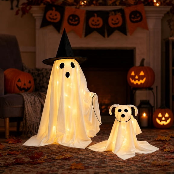 2-Pack Halloween Ghost Walking Dog Light-Up Decorations, 31.5 Inch Ghost with 9.4 Inch Ghost Dog for Yard, Lawn, Mantel, Shelf, and Tabletop Display