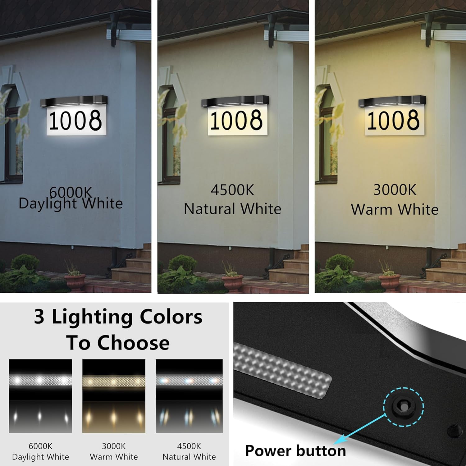Adorer Solar House Numbers Address Plaques 3 Lighting Colors & Adjustable Solar Panel House Number for Outside, LED Solar Powered Address Sign Outdoor Waterproof