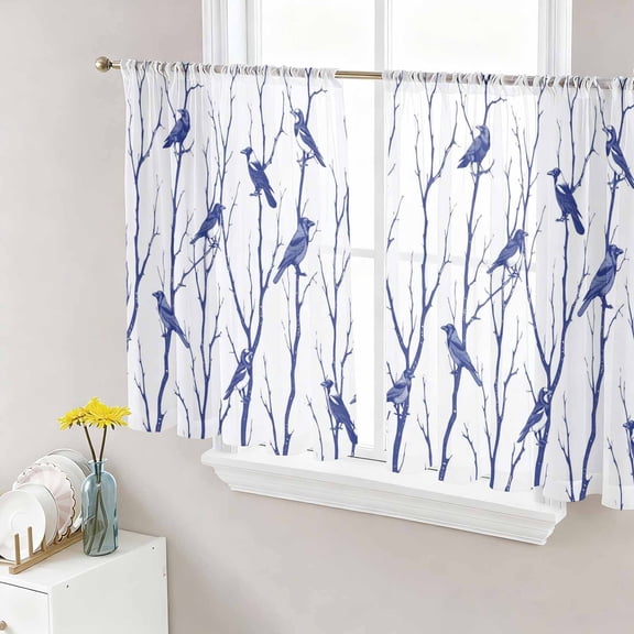 Navy Blue Branches Birds Sheer Curtains 45 Inch Length 2 Panels Set Window Treatments, Abstract Forest Silhouettes Rod Pocket Semi Curtains for Living Room/Bedroom/Kitchen Décor, 104"W x 45"L