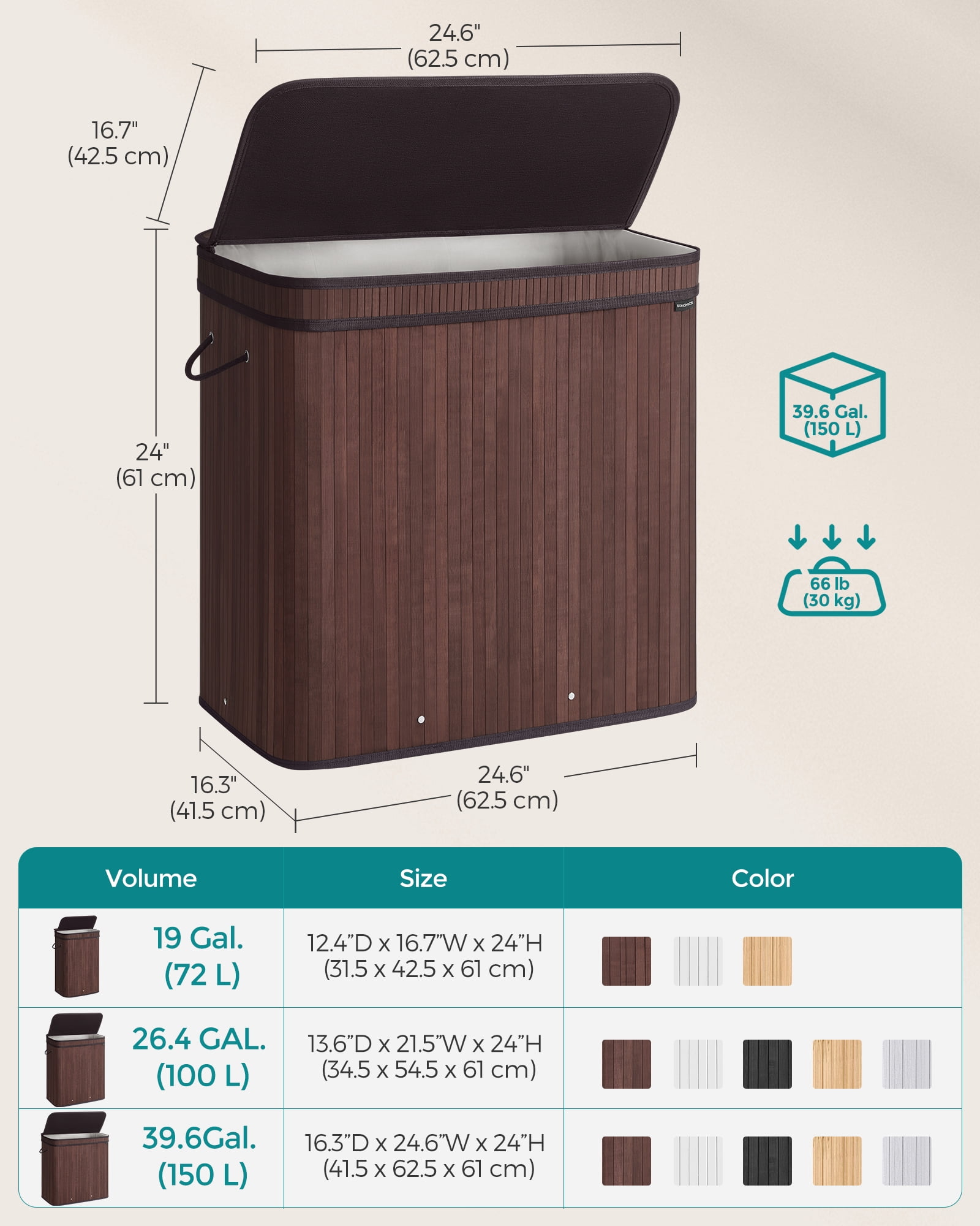 150L Laundry Hamper with Lid Bamboo Laundry Basket Removable Machine Washable with Handles for Laundry Room Bedroom Chestnut Brown