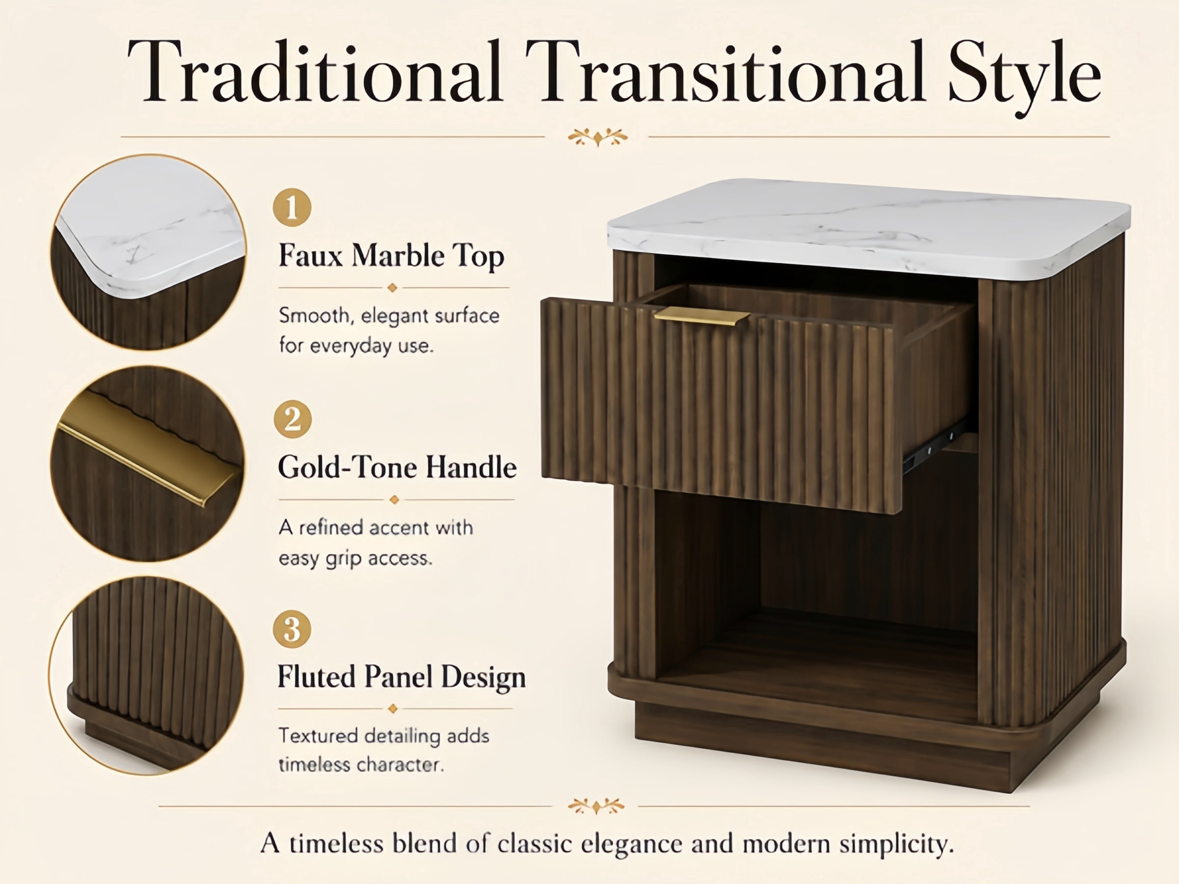 PORKISS Fluted Nightstand with Drawer, Wood Beside Table with Storage Open Shelf and Metal Handle, Transitional Side Table with Faux Marble-Look Top for Bedroom, Guest Room, Living Room, Walnut