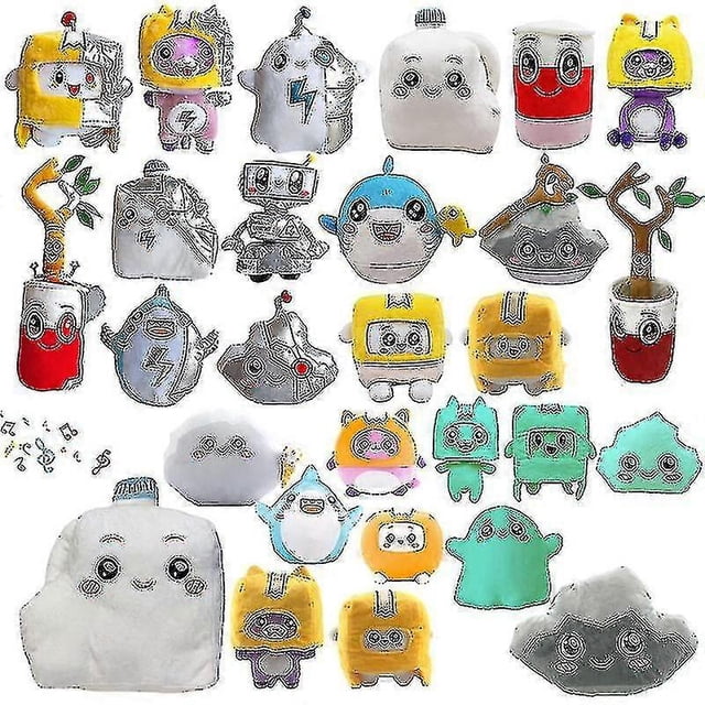 Muñeco de leche musical Lankybox, tiburón, árbol, cubo, sin música, juguetes que brillan en la oscuridad, peluche fantasma, muñeco de peluche robot cuadrado/astuto, 19 cm x 20 cm, sin música