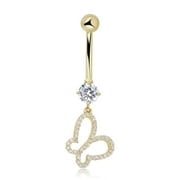 AVORA 10K Yellow Gold Simulated Diamond CZ Dangling Open Butterfly Belly Button Ring Body Jewelry (14 Gauge)