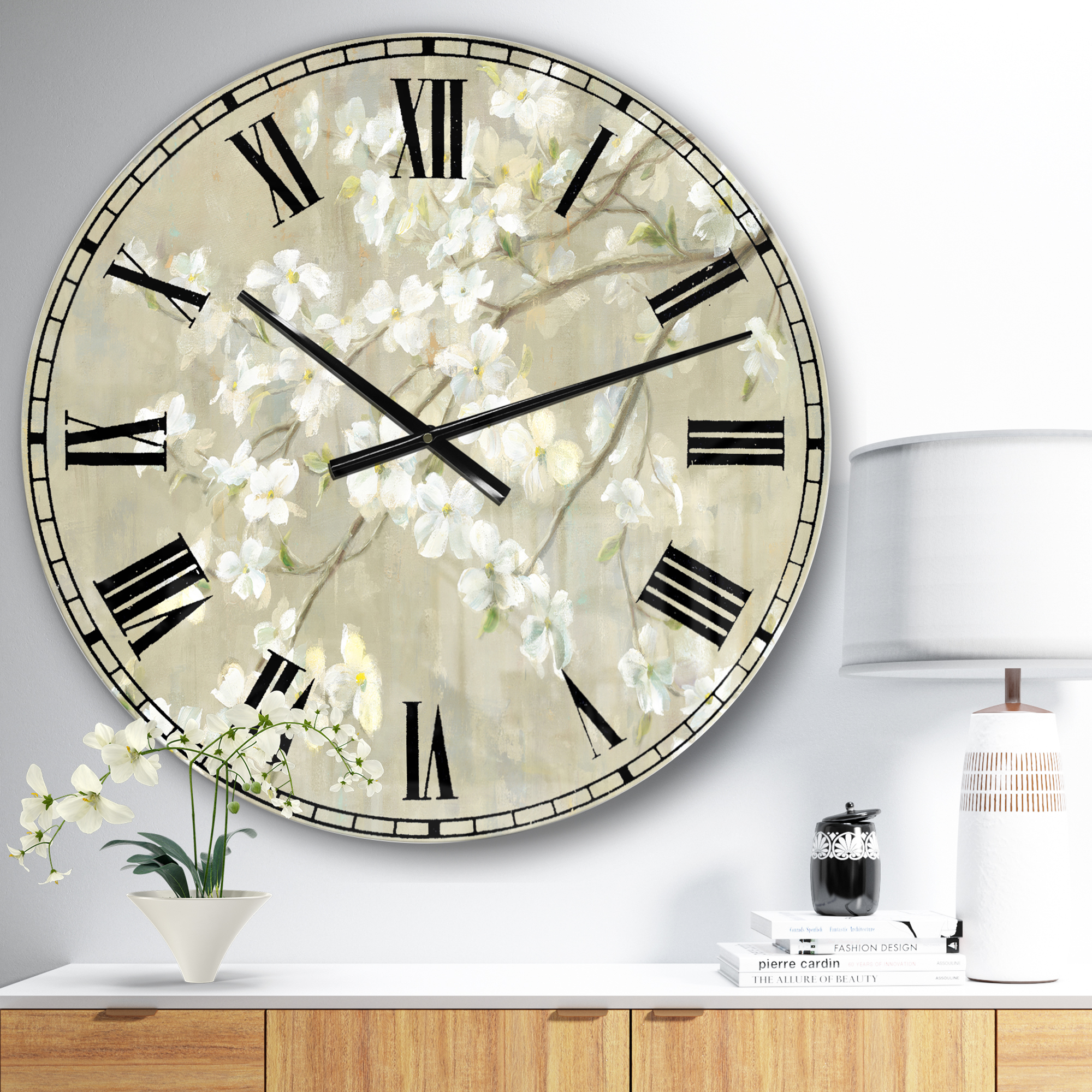 Designart 'Dogwood in Spring Neutral' Farmhouse wall clock