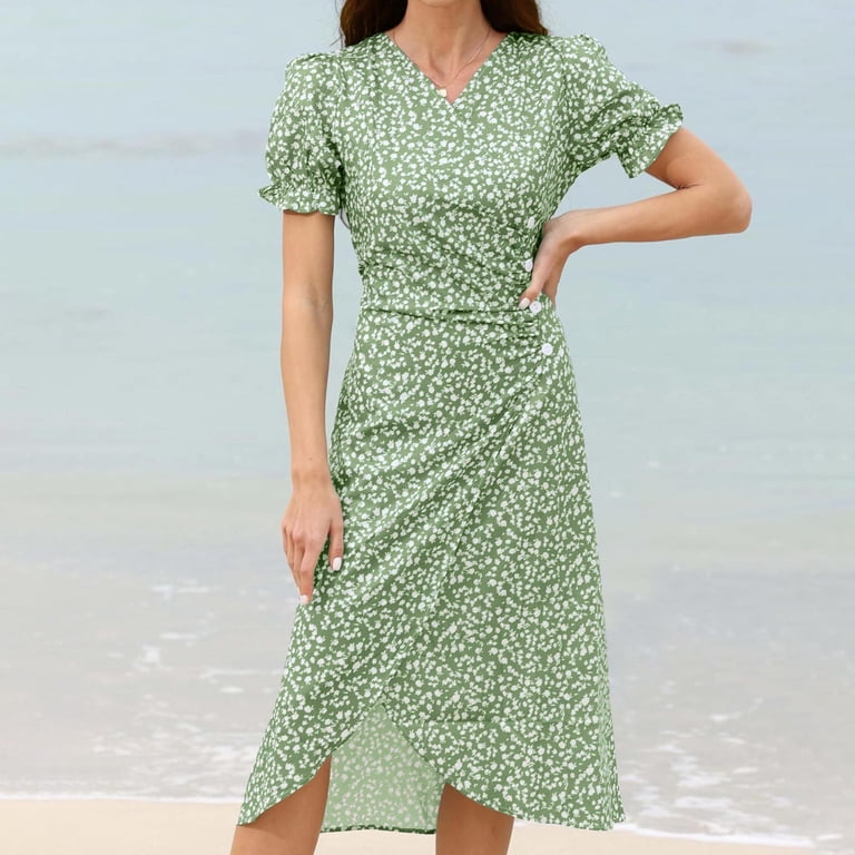 fatyb Boho Floral Dresses for Women V Neck Short Sleeve Vacation Dresses  Womens Summer Midi Dresses