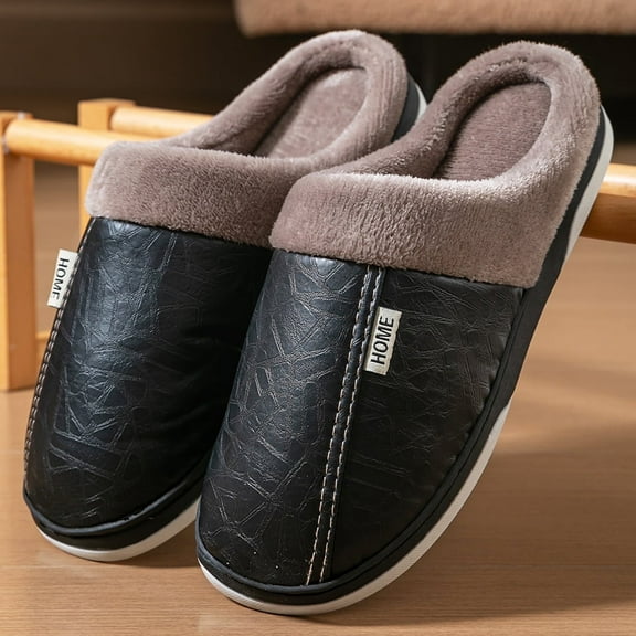 Pmoiste House Slippers for Men Embossed PU Leather Cozy Memory Foam Non-Slip Furry Warm Winter Slipper