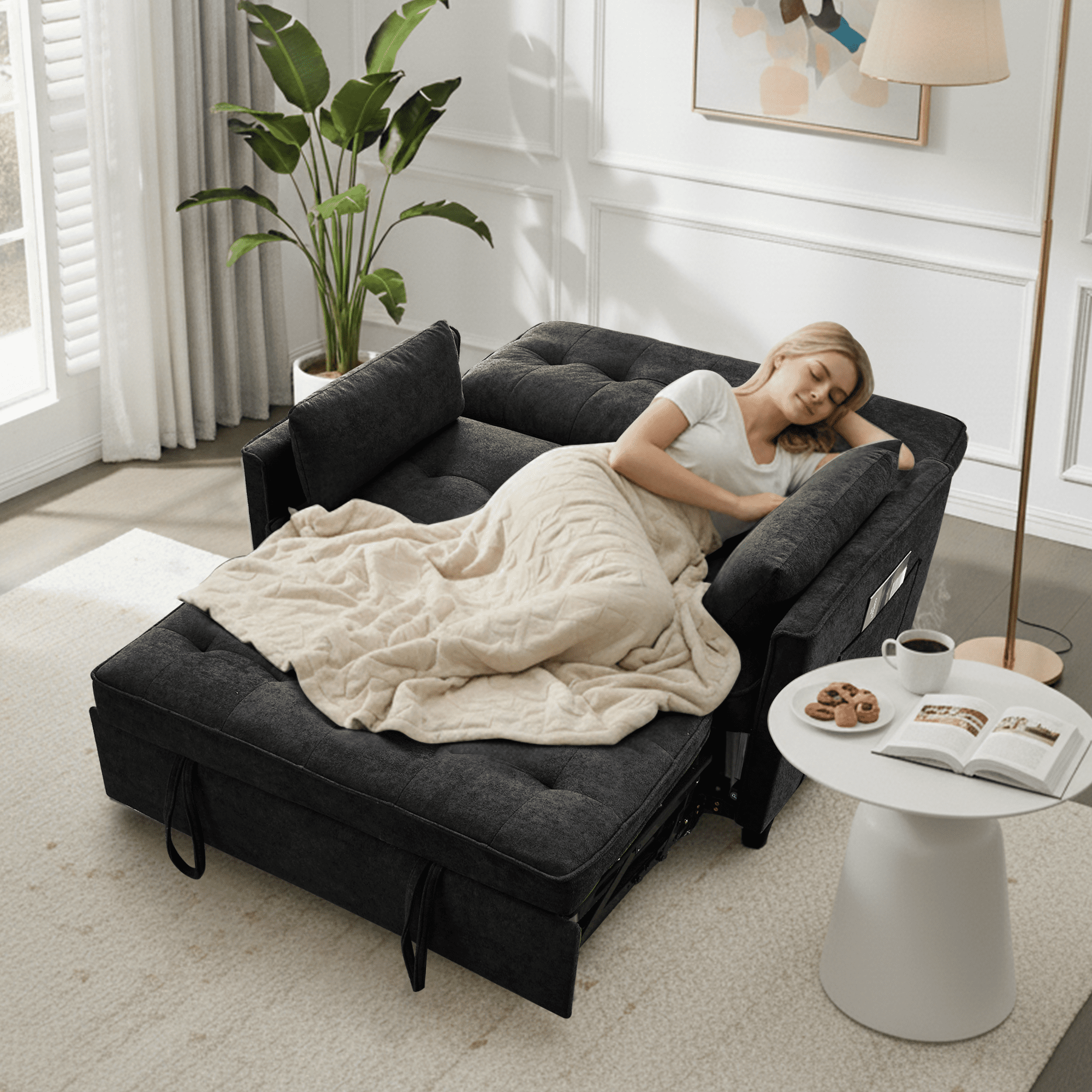 Howcool 55" Convertible Sofa Bed 3-in-1 Pull Out Sleeper Loveseat Couch with Adjustable Backrest, USB Ports, Side Pockets, Easy Assembly for RV Apartment Living Room(Black)