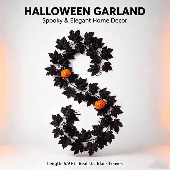 Halloween Decoration Clearance Under $15.00! 2PC Halloween Black Maple Leaf Garland Hanging Decor With Pumpkin And Ornaments Fall Foliage Garland For Fireplace Stair Wall Party Indoor Outdoor Decor