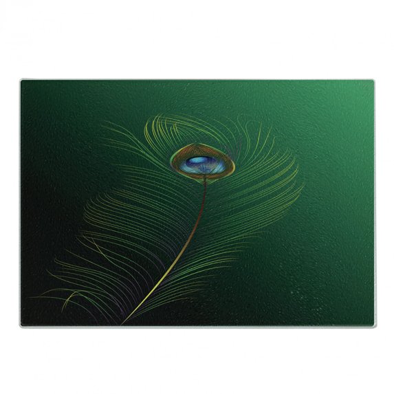 Peacock Cutting Board, Peacock Feather Illustration in Simplistic Style Wild Nature Life Print, Decorative Tempered Glass Cutting and Serving Board, Small Size, Green Blue, by Ambesonne