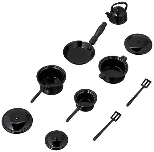 Miniature Dollhouse 10 Piece Black Pots Pans Accessories 1:12 Scale New 