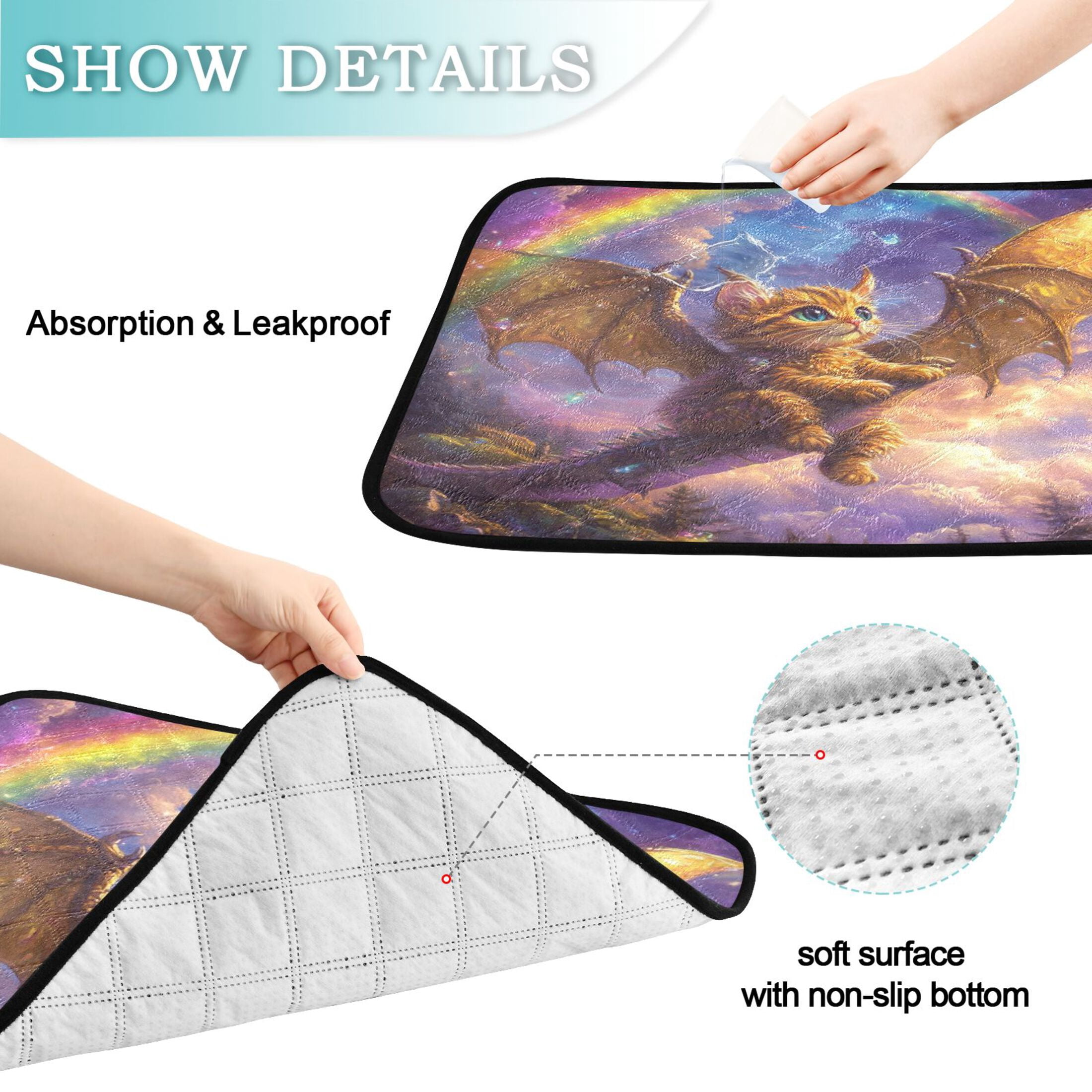 Qxltty Golden Kitten with Wings Cat litter Pads Pet Set of 2 Diaper Mats Center Anti-leakage Layer Absorbent Soft and Comfortable
