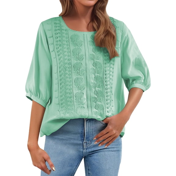 GZWYHT Embroidered Tops For Women,Business Office Work Tops Solid Color Beach Vacation Clothes for Women Plus Size Tops Henley Loose Fit Basic Spring Outfit Green L