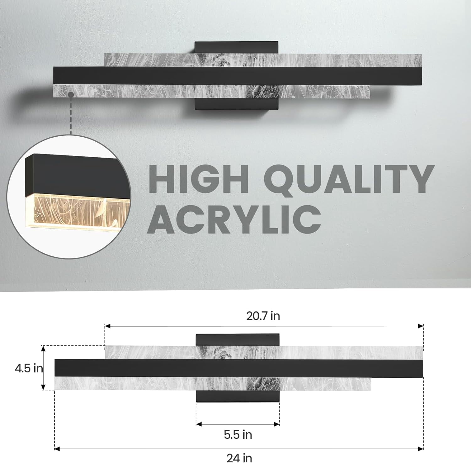Matte Black Modern Bathroom Vanity Light 24 inch Dimmable LED Bath Bar Light Fixtures Over Mirror Wall Sconce Picture Lights for Paintings Cabinets Bedroom