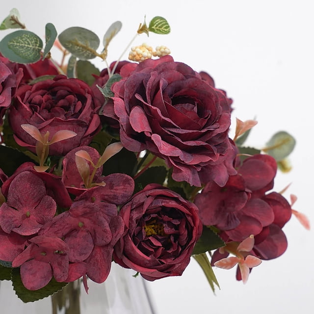 Peonías bordadas Flores artificiales - Set de 6 ramos para jardineras colgantes, decoración interior/exterior, hortensias de plástico y arreglo de rosas