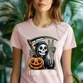 thumbnail image 5 of Funny Grim Reaper with Pumpkin Peace Sign Tee, Dark Heather, Size M, 5 of 6