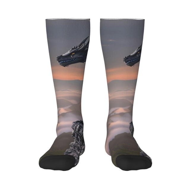 Fotbe Black Dragon Cliff Dawn Calcetas Divertidas Estampadas para Hombre y Mujer, Calcetas de Algodón hasta la Rodilla para Caminar, Correr, Enfermería y Embarazo